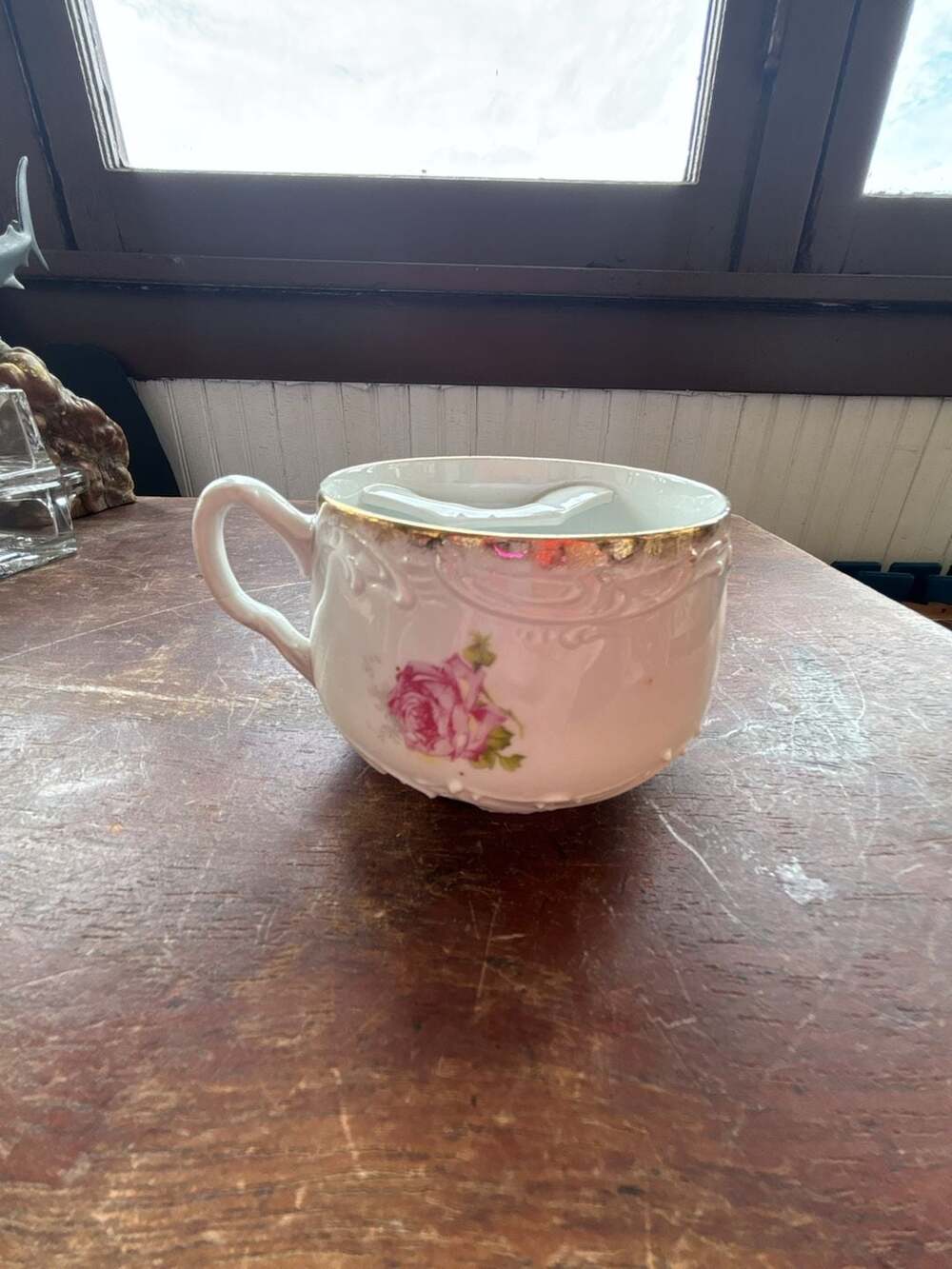 Vintage Porcelain Mustache Shaving Mug with Pink Rose and Gold Trim